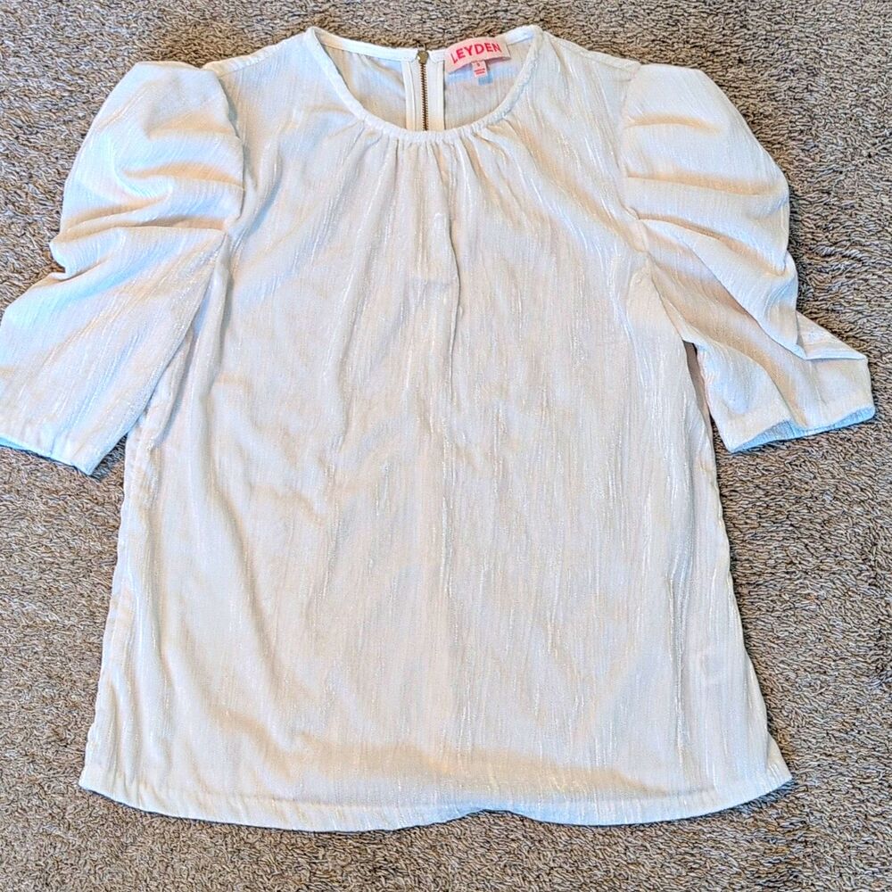 Leyden Womens Puff Sleeve Blouse Small White Textured Shimmer Gold Zipper